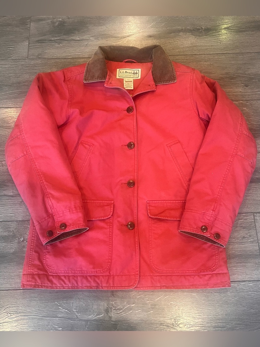 LL Bean Chore Coat Womens Medium Pink Red Adirondack Barn Corduroy Collar Canvas